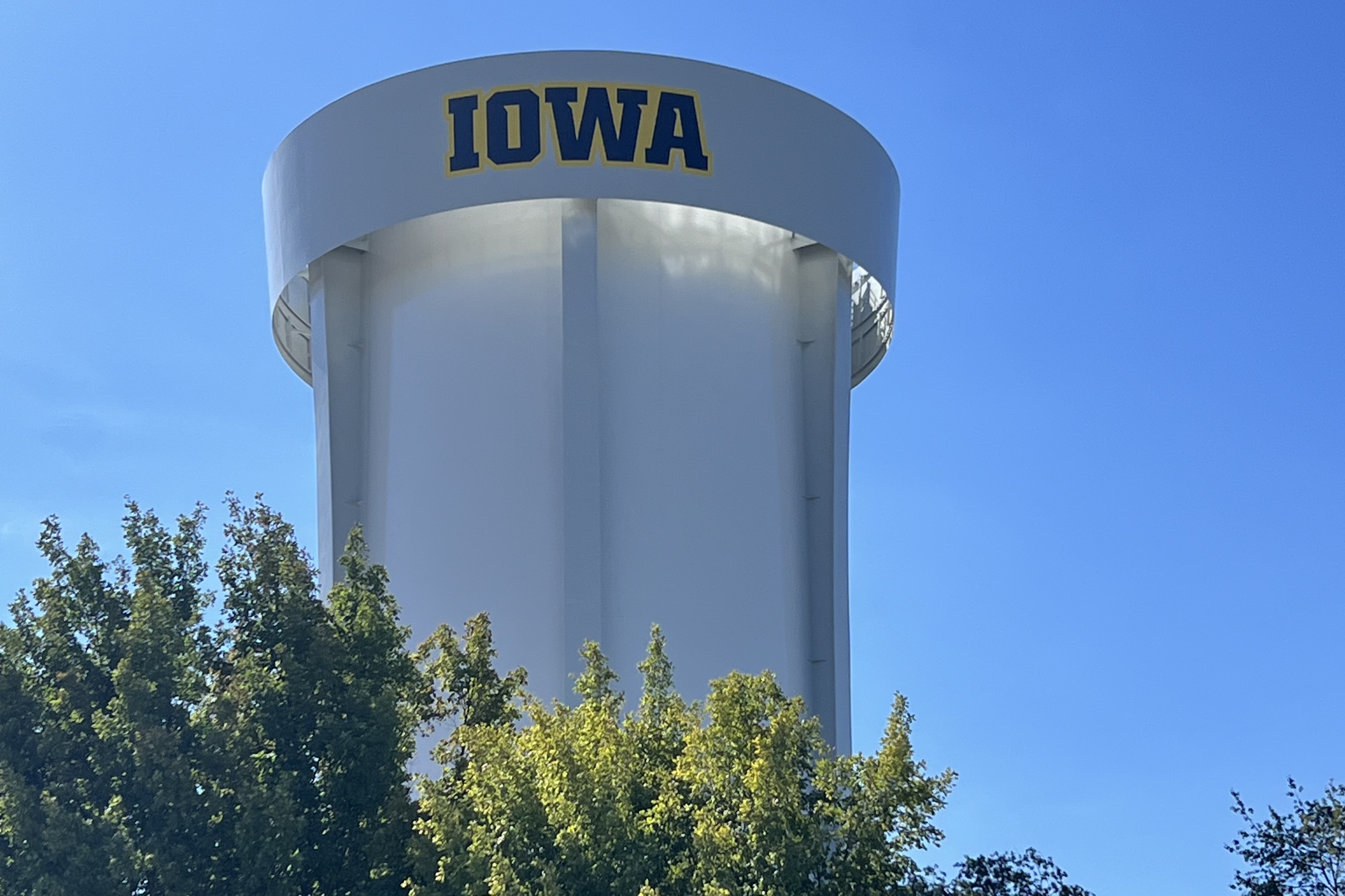 A white water tower that has IOWA painted on the top. The sky is a bright blue and trees frame the tower in the foreground.